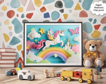 Unicorn Art Print: Magical Rainbow Castle, Girls Nursery Decor