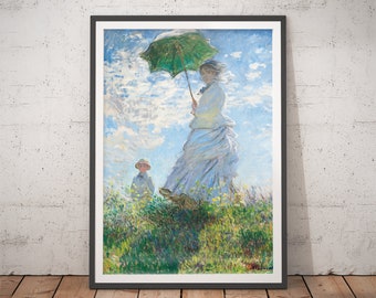 Grabado de Claude Monet: Mujer con sombrilla: Arte mural impresionista vintage