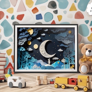 Decoración infantil para niña: impresiones de papel recortado con luna, arte infantil, pósteres para habitación infantil, decoración infantil, arte mural para guardería, pósteres bonitos.