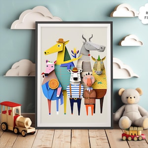 Decoración infantil con estampado animal - Arte recortado en papel / Láminas infantiles / Decoración de habitación infantil / Pósteres infantiles / Arte mural bonito / Lámina infantil moderna