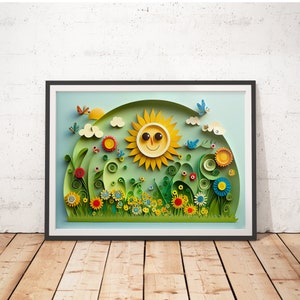 Decoración infantil de primavera con recortes de papel - Láminas para habitación infantil / Pósteres infantiles / Arte mural para habitación infantil / Pósteres infantiles / Láminas bonitas