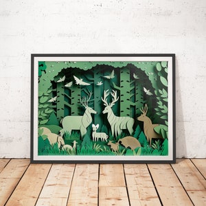 Impresión del bosque - Arte cortado en papel / Decoración de la guardería / Impresiones para niños / Decoración de la habitación de los niños / Carteles infantiles / Arte lindo de la pared / Impresión moderna de la guardería