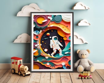 Astronaut Nursery Print: Paper-Cut Style Kids Room Decor