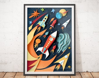 Rocket Print - Outer Space Kids Room - Paper-cut Nursery Art / Childrens Room Wall Art / Kids Room Posters / Nursery Prints / Infant Art