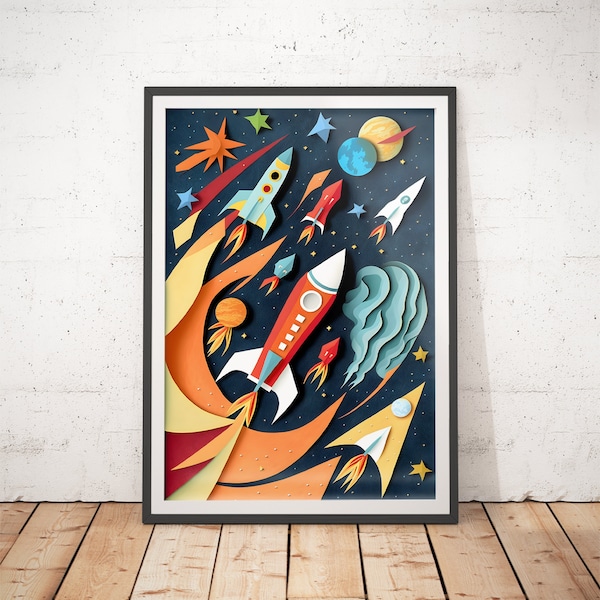 Rocket Print - Outer Space Kids Room - Paper-cut Nursery Art / Childrens Room Wall Art / Kids Room Posters / Nursery Prints / Infant Art
