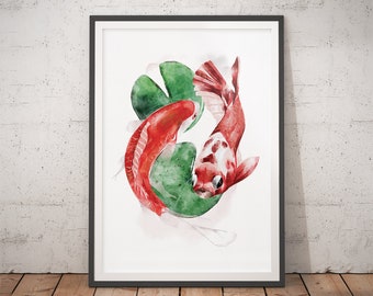 May include: Watercolor painting of two red and white koi fish swimming around a green water lily. The fish are painted in a realistic style with detailed scales and fins.