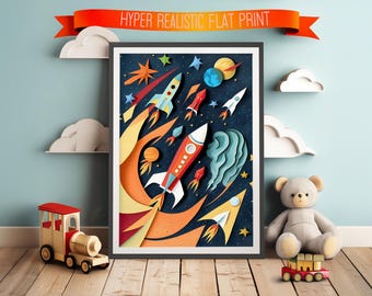 Quadro infantil com foguete: arte em papel recortado com tema espacial para quarto de crianças.