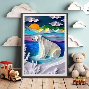 Arte mural de oso polar: papel recortado para guardería, decoración infantil, pósteres infantiles, láminas infantiles, arte infantil, decoración infantil.