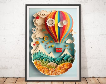 Hot Air Balloon Nursery Decor- Paper-cut Art / Kids Prints / Childrens room decor / Infant Posters / Cute Wall Art / Modern Nursery Print