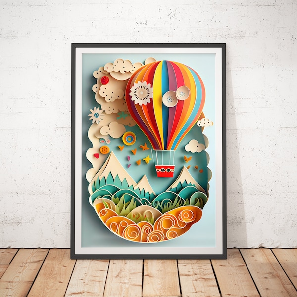 Hot Air Balloon Nursery Decor- Paper-cut Art / Kids Prints / Childrens room decor / Infant Posters / Cute Wall Art / Modern Nursery Print