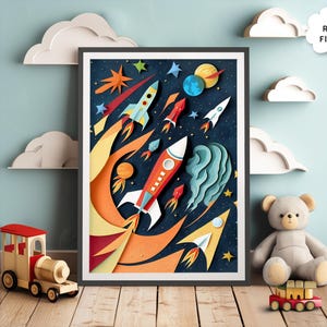 Impresión de cohete - Habitación infantil del espacio exterior - Arte infantil recortado en papel / Arte mural para habitación infantil / Pósteres para habitación infantil / Láminas para habitación infantil / Arte infantil