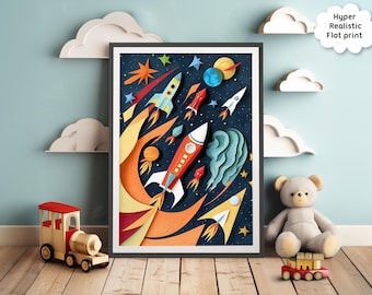Rocket Nursery Print: Paper-Cut Outer Space Kids Room Art