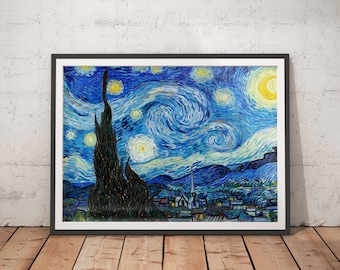May include: A framed print of Vincent van Gogh's famous painting "The Starry Night". The painting depicts a swirling night sky with a bright yellow moon and stars, and a small village in the foreground.