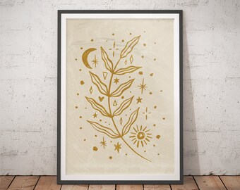 Puede incluir: Una impresión de hoja de oro de una planta estilizada con una luna creciente, el sol y estrellas sobre un fondo beige. La impresión está enmarcada en un marco negro.