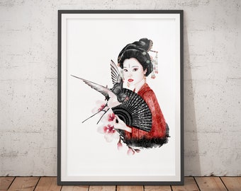 Geisha Japanese Watercolor Print - Elegant Artwork for Oriental Room Decor or Zen Wall Art Collection