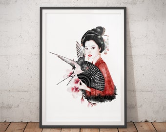 芸者水彩画プリント：優雅な日本のオリエンタルウォールアート