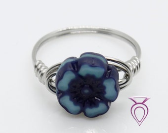 Handcrafted Two Tone Royal Blue Czech Flower Little Girls Rings