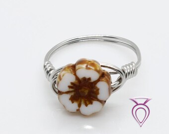 Handcrafted White Two Tone Czech Flower Little Girls Rings