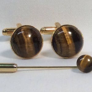 Tiger&#39;s Eye Cufflinks (round), Gold Plated OR Silver Plated with millgrain edge. Matching Tie Pin Optional