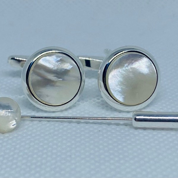 Mother of Pearl Cufflinks, Silver Plated with plain edge. Matching Tie Pin optional.