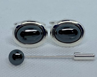 Boutons de manchette ovales en hématite, plaqué argent. Épingle de cravate assortie en option