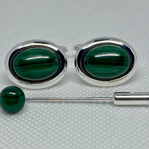 Malachite Oval Cufflinks, Silver Plated. Matching Tie Pin available.