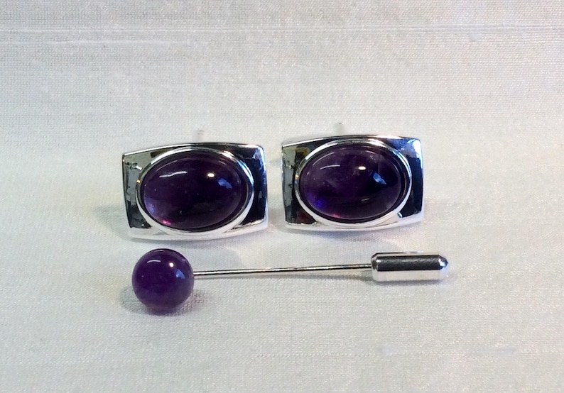 Amethyst Rectangular Cufflinks in a Silver finish Matching Tie Pin optional.