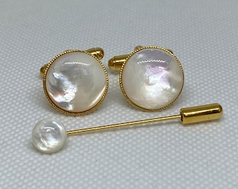 Mother of Pearl Cufflinks (round), Gold Plated OR Silver Plated with a millgrain edge. Matching Tie Pin optional.