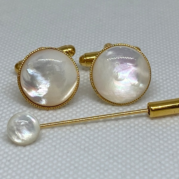 Mother of Pearl Cufflinks (round), Gold Plated OR Silver Plated with a millgrain edge. Matching Tie Pin optional.