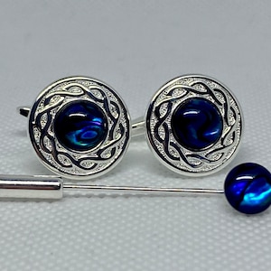 Blue Abalone Celtic rope design Cufflinks, Silver Plated. Matching Tie Pin optional.