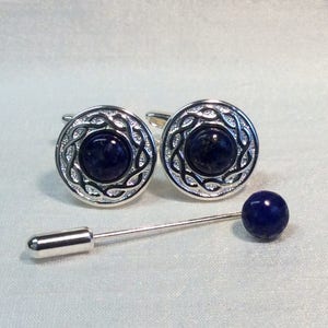 Lapis Lazuli Celtic pattern Cufflinks, Silver Plated. Matching Tie Pin optional.