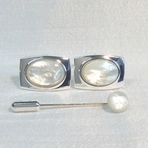 Mother of Pearl Rectangular Cufflinks, Silver Plated. Matching Tie Pin optional.