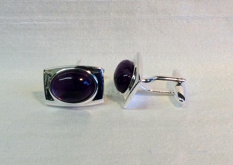 Amethyst Rectangular Cufflinks in a Silver finish Matching Tie Pin optional.