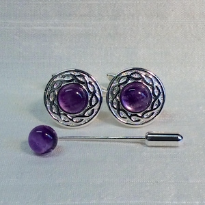 Amethyst Celtic pattern Cufflinks, Silver Plated. Matching Tie Pin optional.