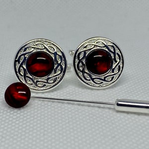 Red Abalone Celtic rope design Cufflinks, Silver Plated. Matching Tie Pin optional.