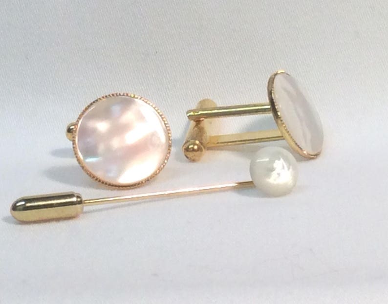 mother of pearl cufflinks and tie pin