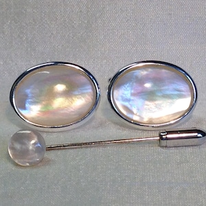 Mother of Pearl Oval Cufflinks, Silver Plated. Matching Tie Pin optional.