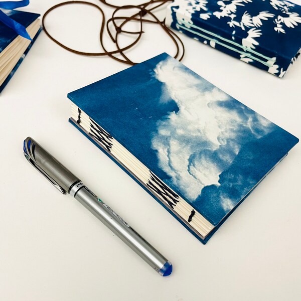 Limited Edition Handmade & Hand-bound Notebook | Cyanotype Blue Cloud Cover | Coptic Stitch Spine | A6 journal