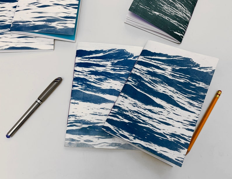 Two Soft Cover Handmade Journals | Blue waves hand-pulled indigo