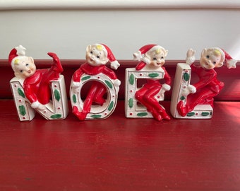 Vintage Pixie girl elves Christmas NOEL set-japan-mid century-atomic era ceramics-Kitschmas-set of 4-Kitsch-cute-holiday decor-candleholders