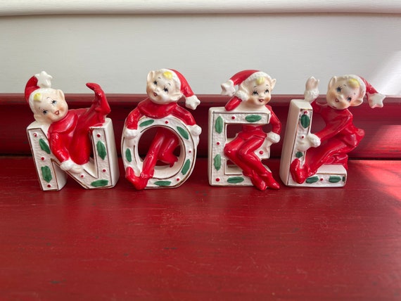 Vintage Pixie nina elfos Navidad NOEL set japon mediados de siglo era atomica ceramica Kitschmas conjunto de 4 Kitsch lindo decoracion navidena candelabros Etsy Mexico