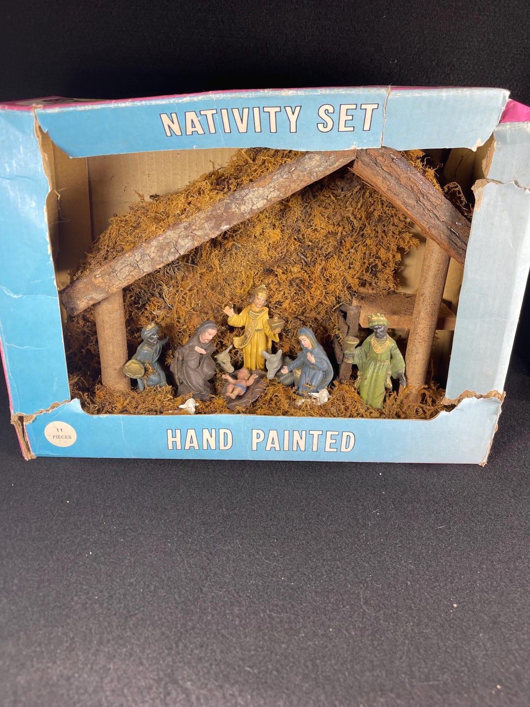 Crèche Vintage Kuhn Zinn Allemagne - 8 Pers, 8 Moutons, 3 Arbres - étain émaillé Main
