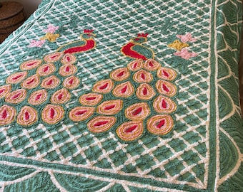 Vintage mid century double peacock chenille bedspread-kitschy-lightweight-double-full-queen-summer bedspread-gorgeous-Rockabilly-96" x 84"