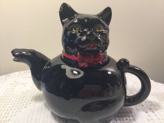 Chat Noir Vintage Theiere Theiere En Chat Noir Japon Redware Etsy