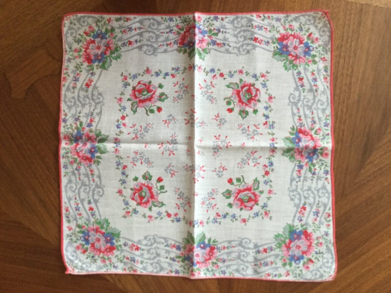 retro kitschy rockabilly midcentury hankies Vintage 1960s 3 cotton floral handkerchiefs pink blue green flowers scalloped edges