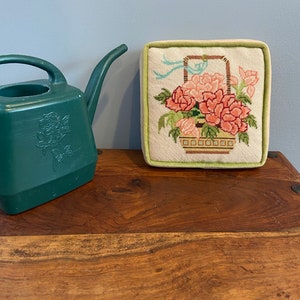 Vintage crewel small throw pillow-accent pillow-flower basket-floral-pinks-carnations-square-mid century-velvet-bedroom-girly-spring-garden