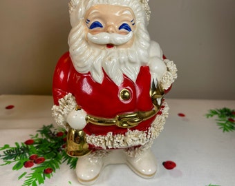 Vintage ceramic Santa Claus bank-mid century-kitschy-cute-imported-atomic era-kitschmas-Christmas-spaghetti trim-Blue eyes-mustache-xmas