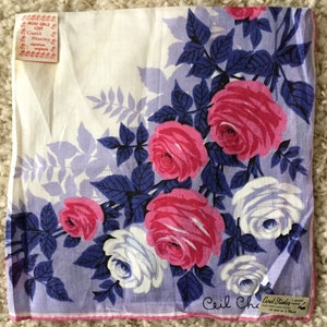 Vintage NOS 1950s white linen floral handkerchief-Ceil Chapman Carol Stanley Philippines-pink purple white flowers-retro midcentury hankie image 1