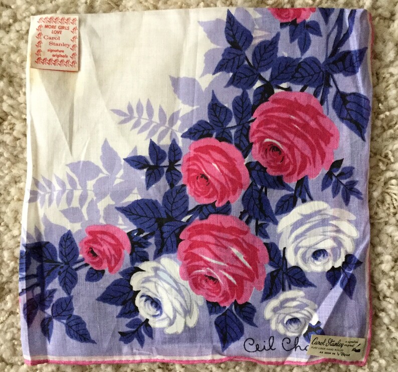 Vintage NOS 1950s white linen floral handkerchief-Ceil Chapman Carol Stanley Philippines-pink purple white flowers-retro midcentury hankie image 1