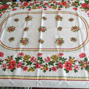 Vintage Large White Cotton Floral Tablecloth pink Red Burgundy Yellow ...